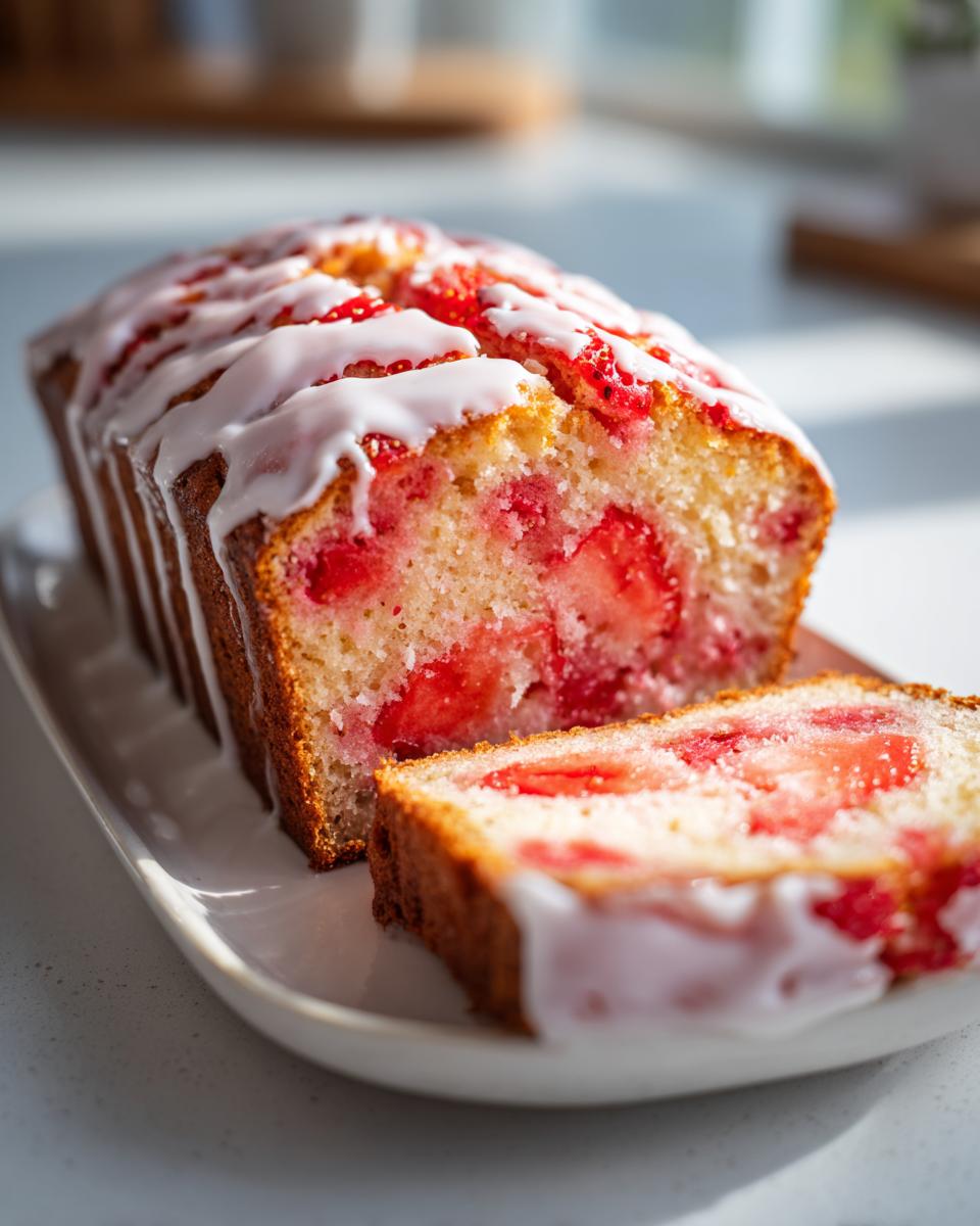 A moist strawberry bread loaf, partially sliced, showing bright red strawberries baked inside and drizzled with white icing.