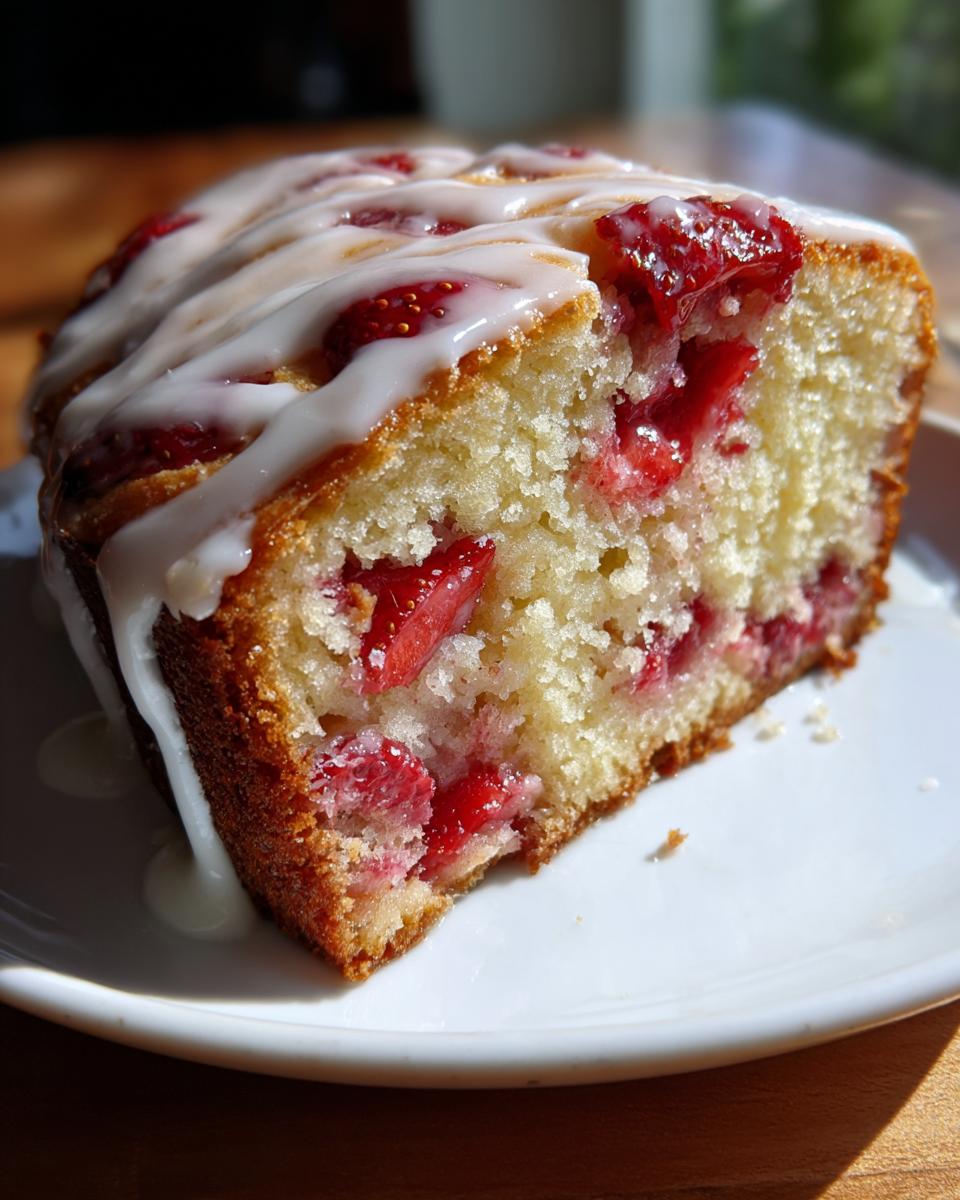 Close-up of a moist slice of strawberry bread studded with red strawberries and topped with a sweet white glaze.