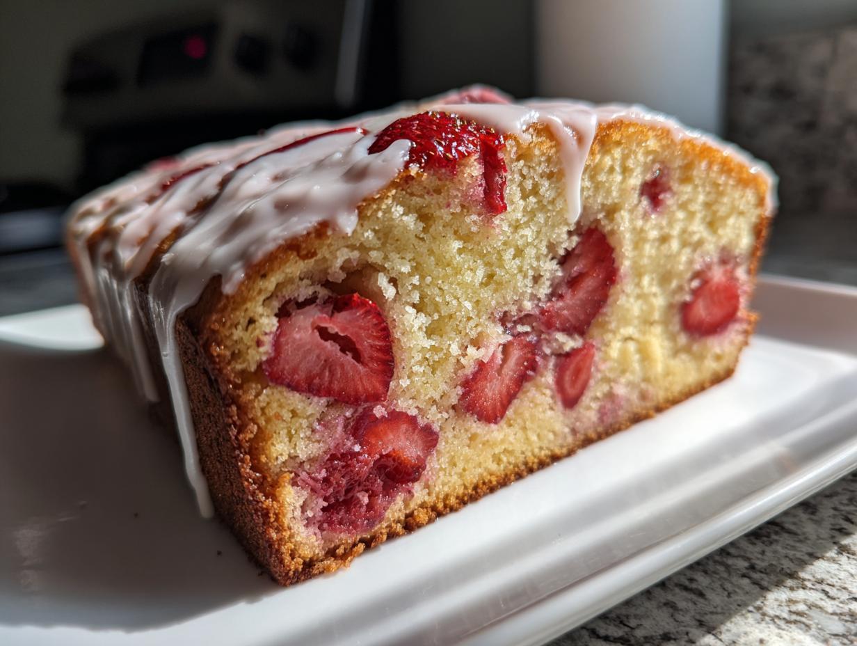 A close-up of a moist slice of strawberry bread, studded with fresh strawberries and drizzled with white icing.