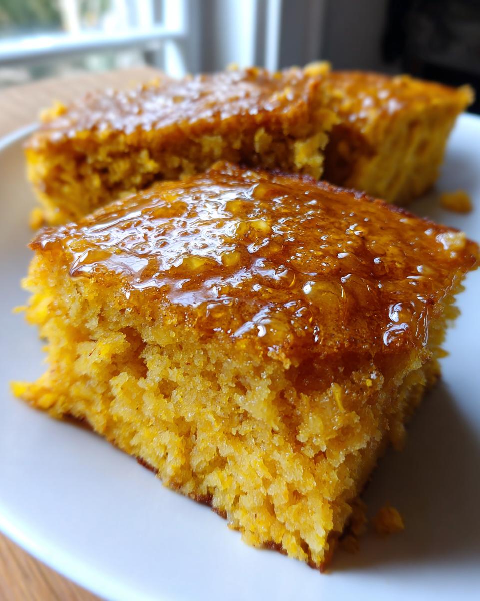 Close-up of a moist slice of bright orange sweet potato cornbread topped with a shiny honey glaze.