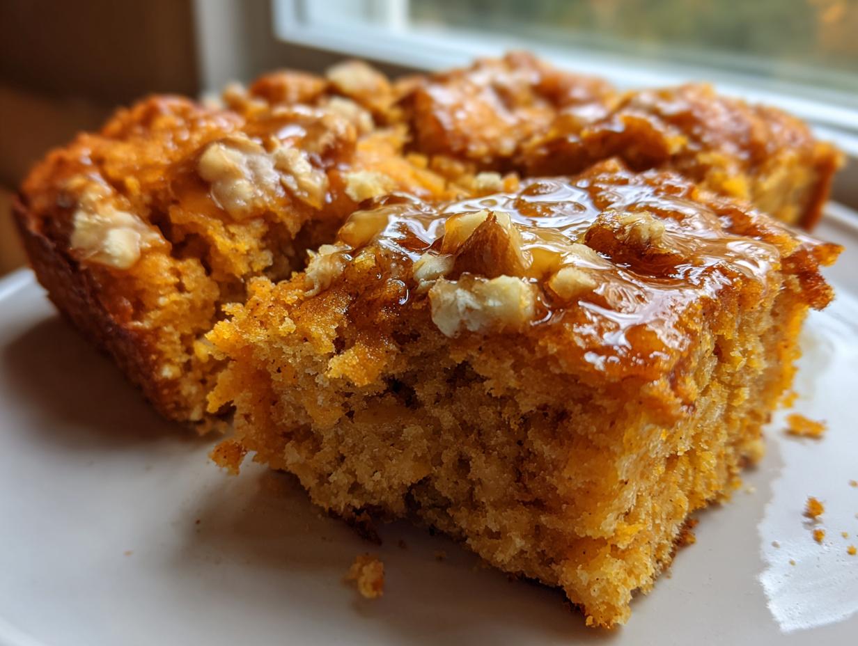 Close-up of a square slice of moist sweet potato cornbread topped with shiny glaze and chopped walnuts.