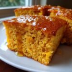 Close-up of a square slice of moist, orange-hued sweet potato cornbread drizzled with honey.