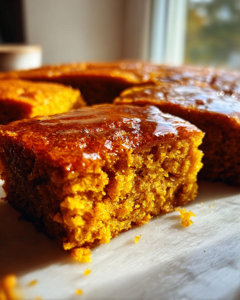 Close-up of a moist, orange-hued slice of sweet potato cornbread topped with a shiny glaze.