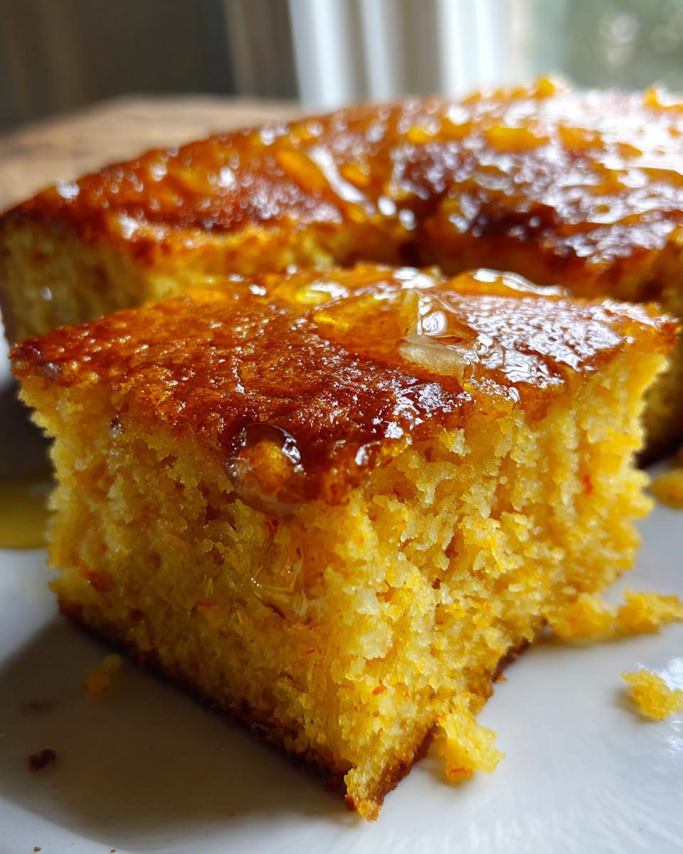 Close-up of a moist, orange-hued slice of sweet potato cornbread topped with a shiny honey or syrup glaze.