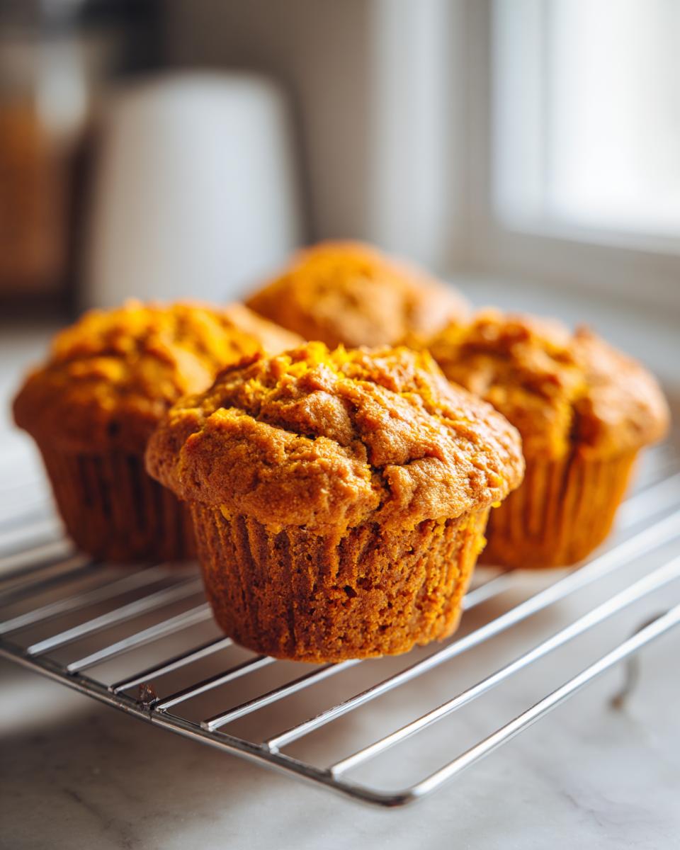 Close-up of several freshly baked sweet potato muffins with domed tops cooling on a wire rack.