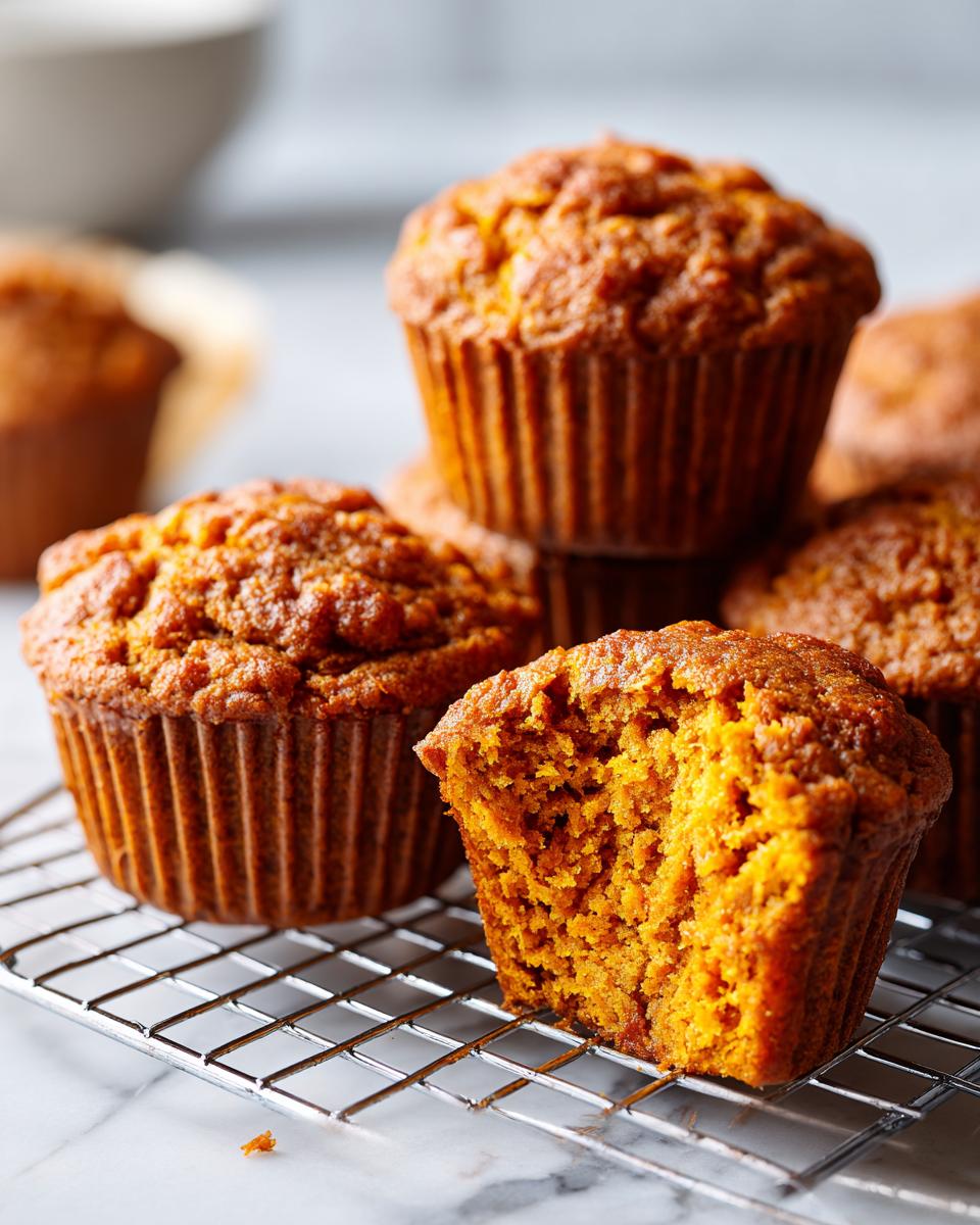 Close-up of several moist sweet potato muffins, one bitten into to show the fluffy interior, cooling on a wire rack.