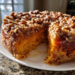 A slice removed from a moist sweet potato souffle topped with a sticky, glazed pecan topping.