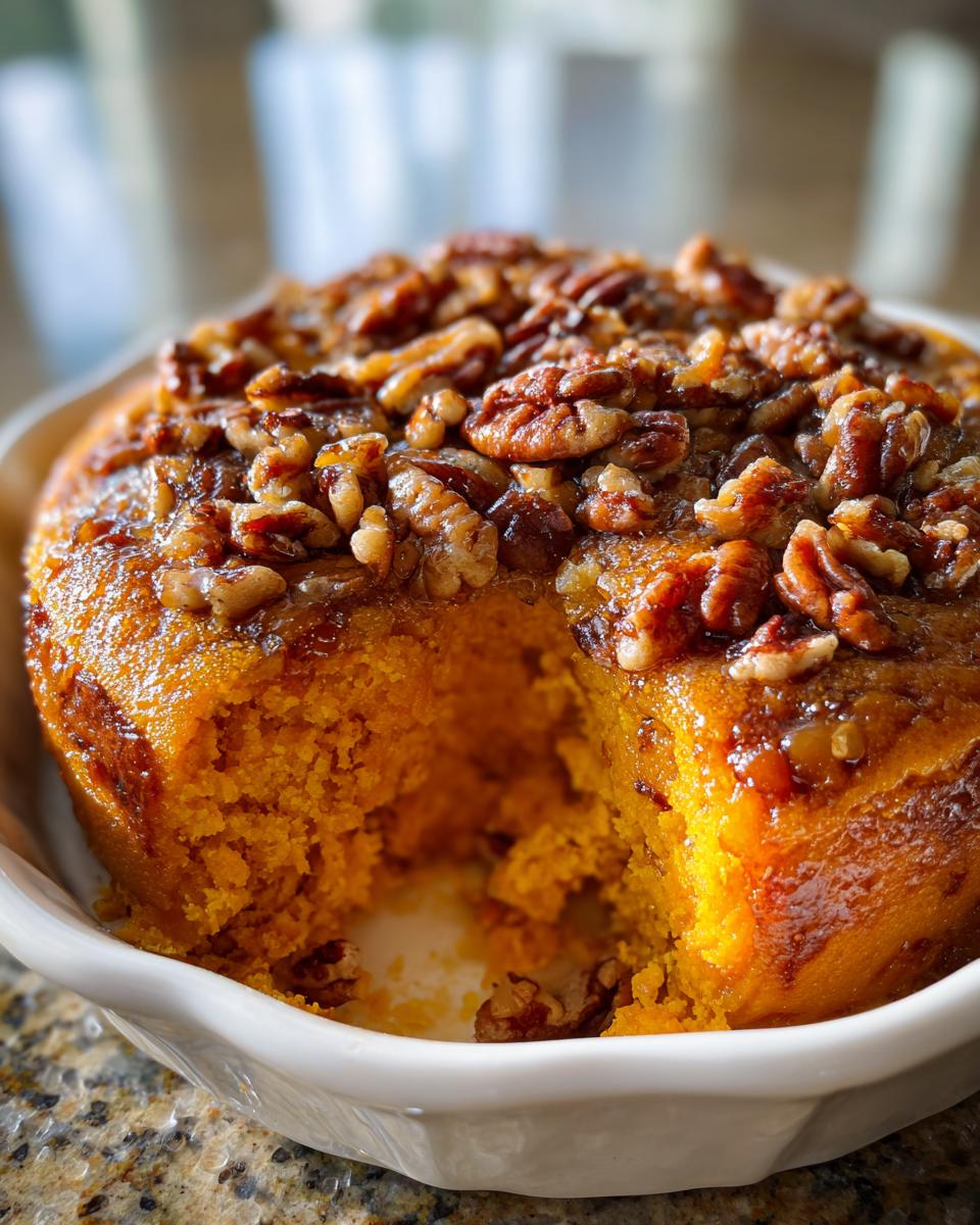 A close-up of a portion taken out of the sweet potato souffle, showing the fluffy texture and sticky pecan topping.
