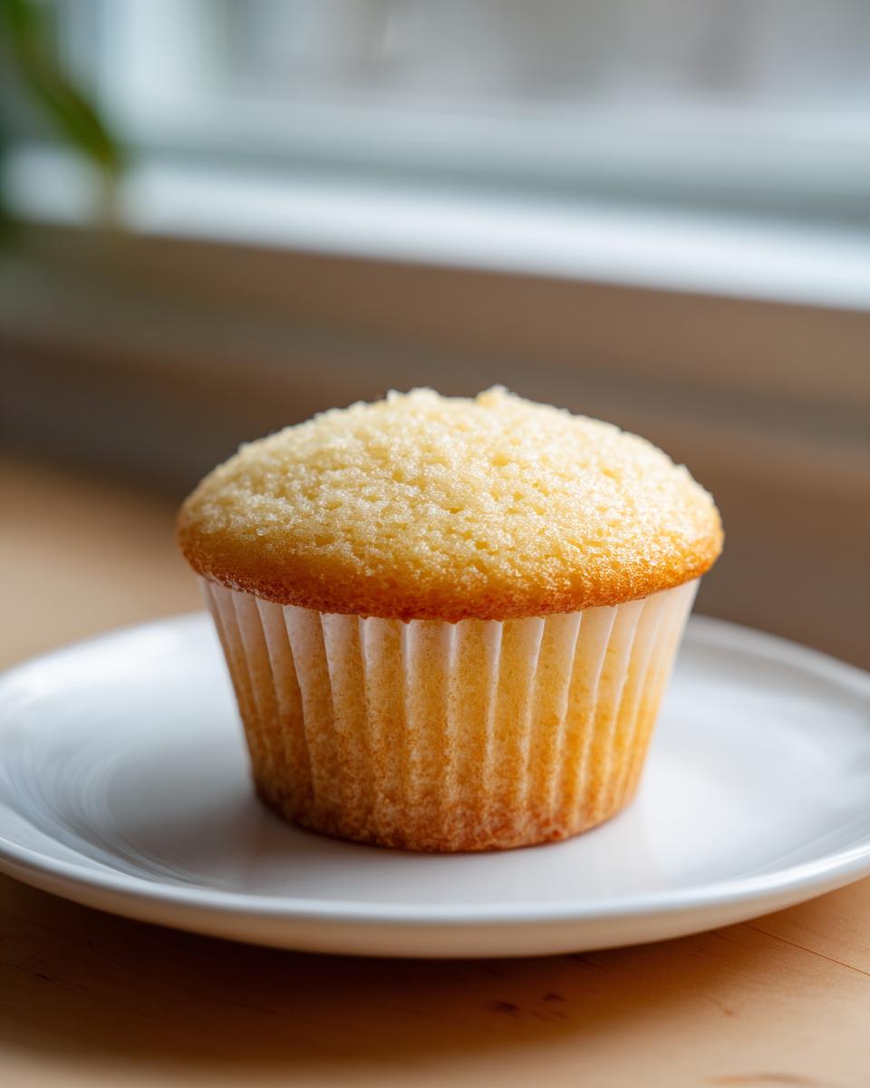 A single, unfrosted vanilla cupcake sitting on a small white plate against a bright window background.