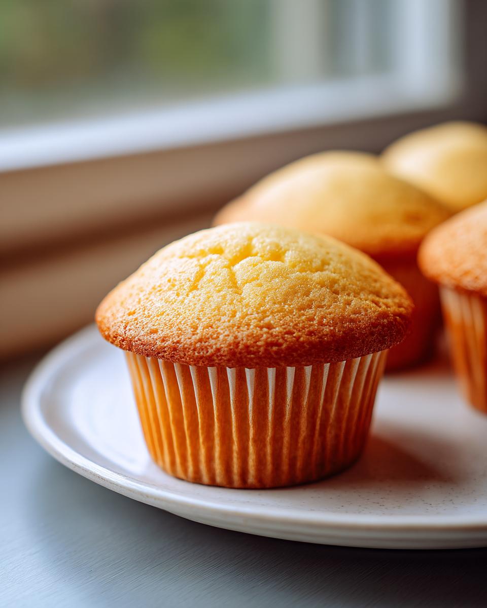 Close-up of a golden-brown, unfrosted vanilla cupcake sitting on a white plate, with more vanilla cupcakes blurred in the background.