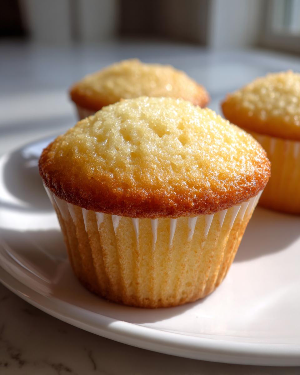 Close-up of a perfectly baked, unfrosted vanilla cupcake with a golden top, sitting on a white plate.
