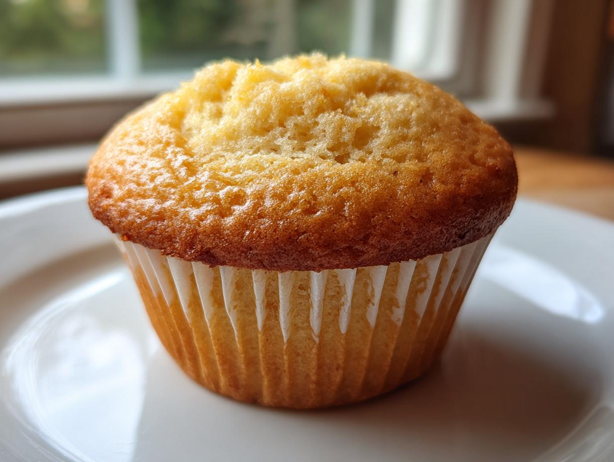 A close-up image of a single, unfrosted, perfectly baked vanilla cupcake on a white plate.