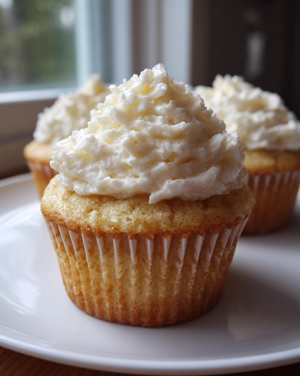 Close-up of a perfectly baked vanilla cupcake topped with a generous swirl of white frosting, sitting on a white plate.