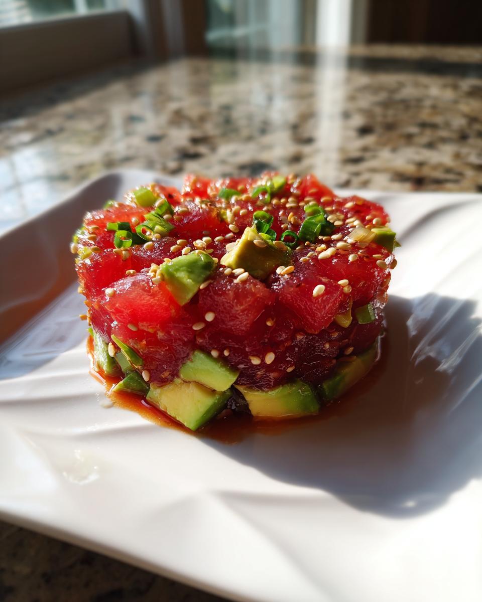 A molded tower of vibrant red tuna tartare layered with avocado cubes, topped with sesame seeds and green onions.