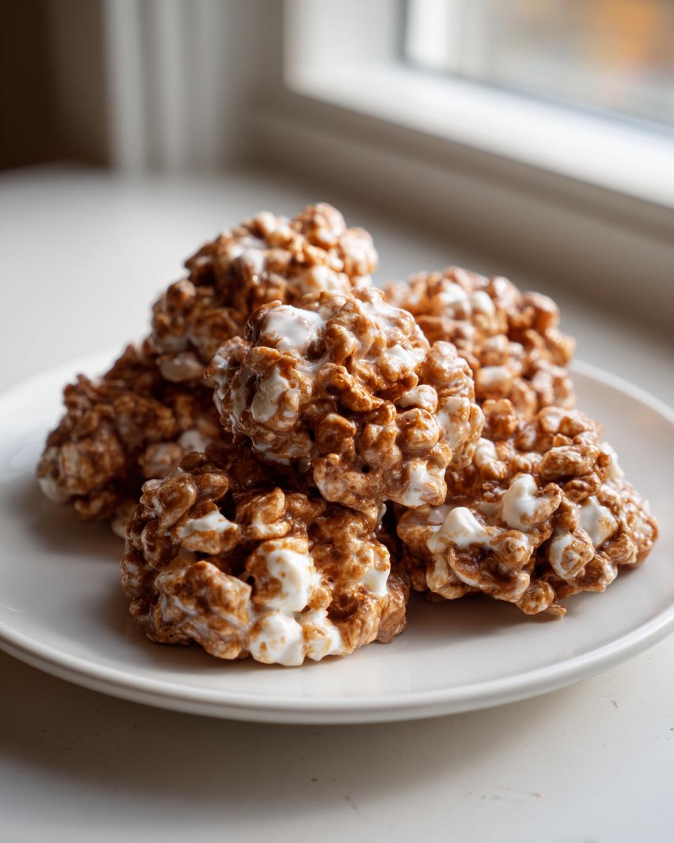 A small stack of rich, chocolatey avalanche cookies mixed with white marshmallows, resting on a white plate.