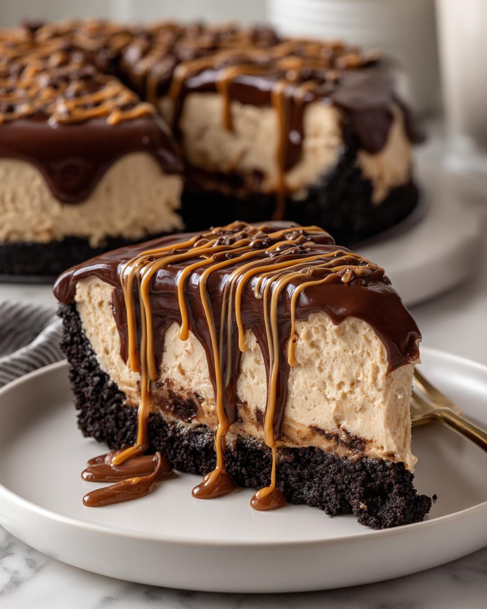 A decadent slice of no bake peanut butter pie with a thick chocolate crust, creamy filling, and dripping chocolate and caramel toppings.