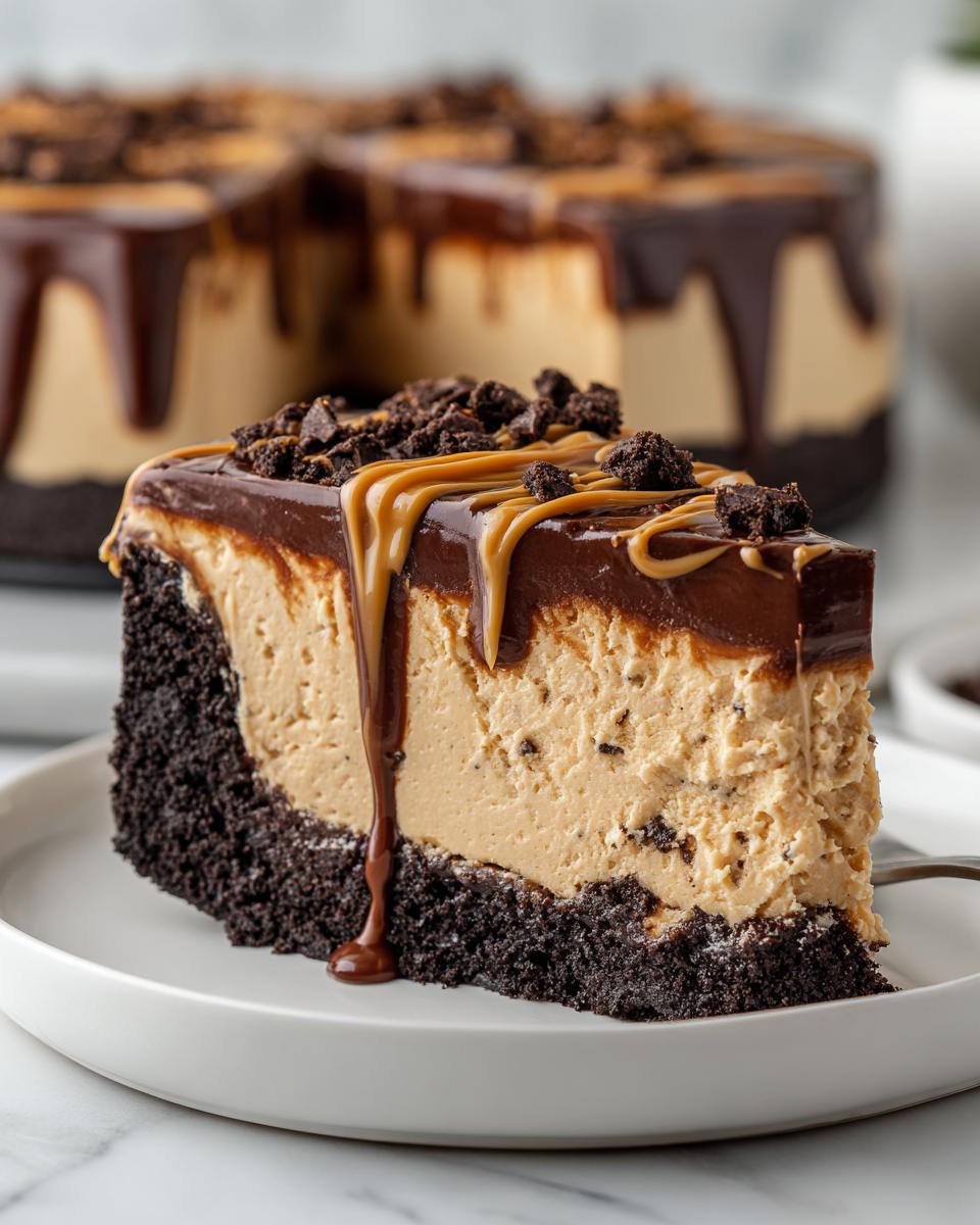 A decadent slice of no bake peanut butter pie featuring a thick chocolate crust, creamy filling, and chocolate ganache topping.