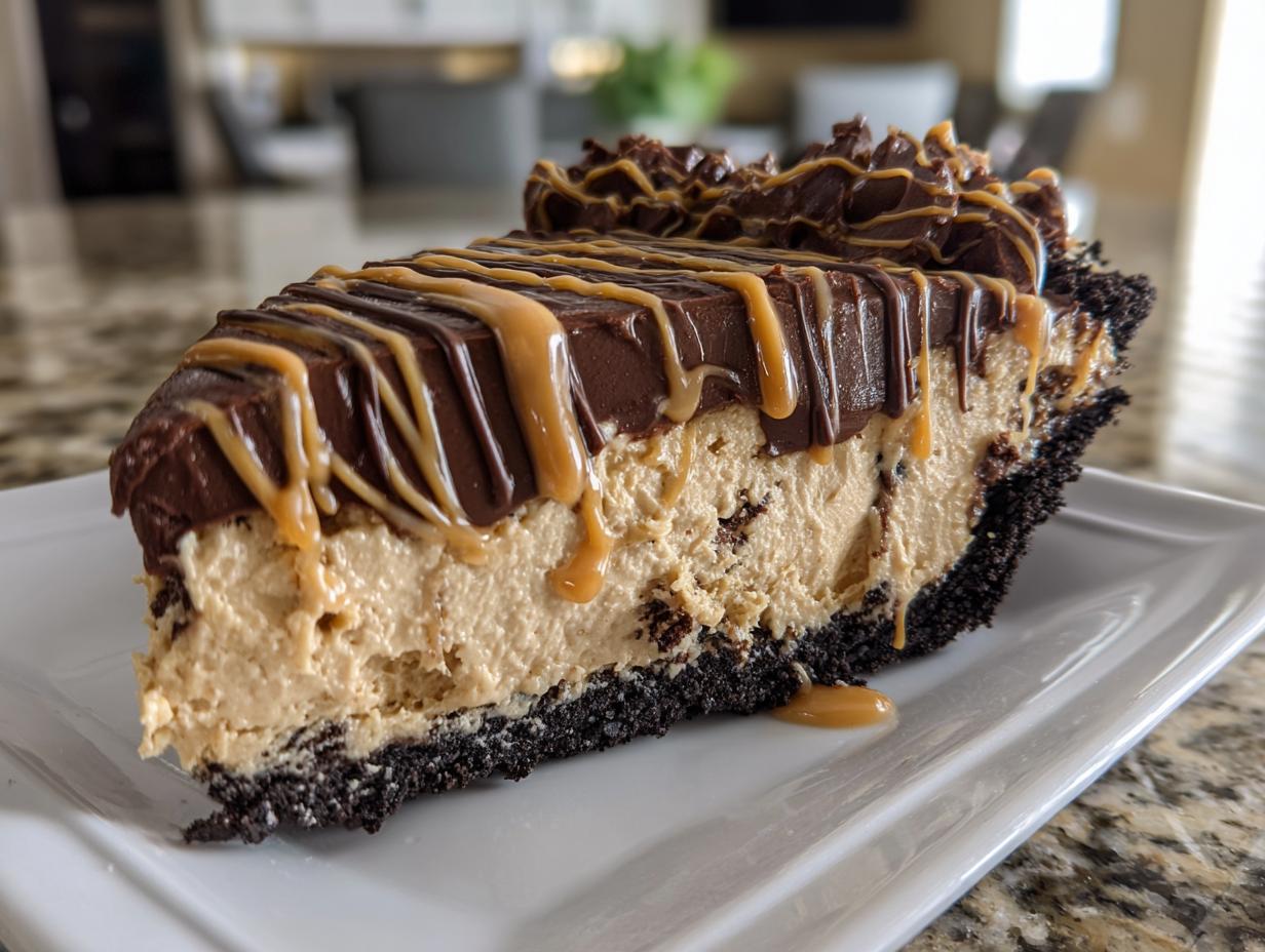 A decadent slice of no bake peanut butter pie featuring a dark crust, creamy filling, chocolate topping, and caramel drizzle.