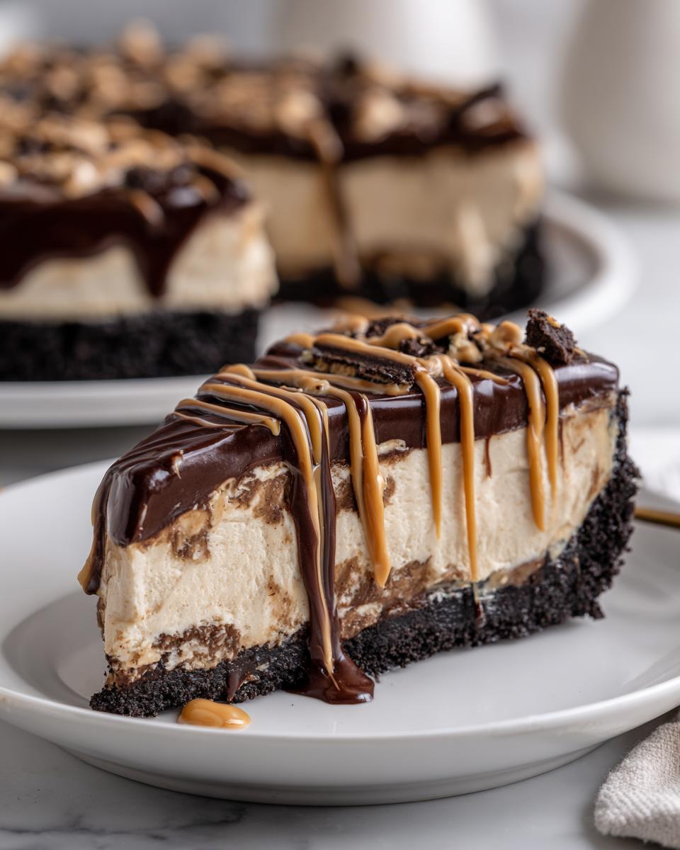 A decadent slice of no bake peanut butter pie with a chocolate crust, creamy filling, chocolate ganache, and peanut butter drizzle.