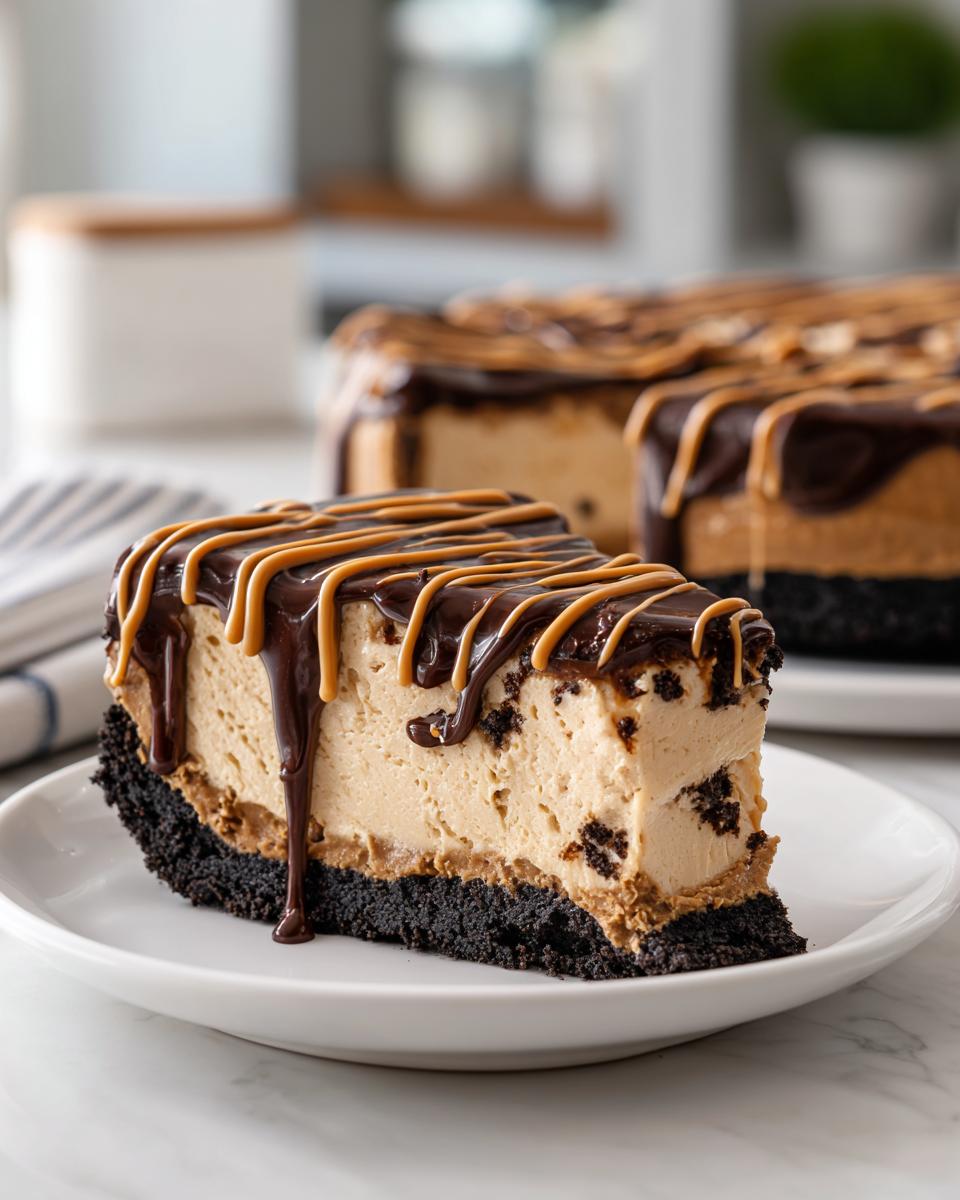 A slice of decadent no bake peanut butter pie featuring a dark crust, creamy filling, and chocolate and peanut butter drizzle.