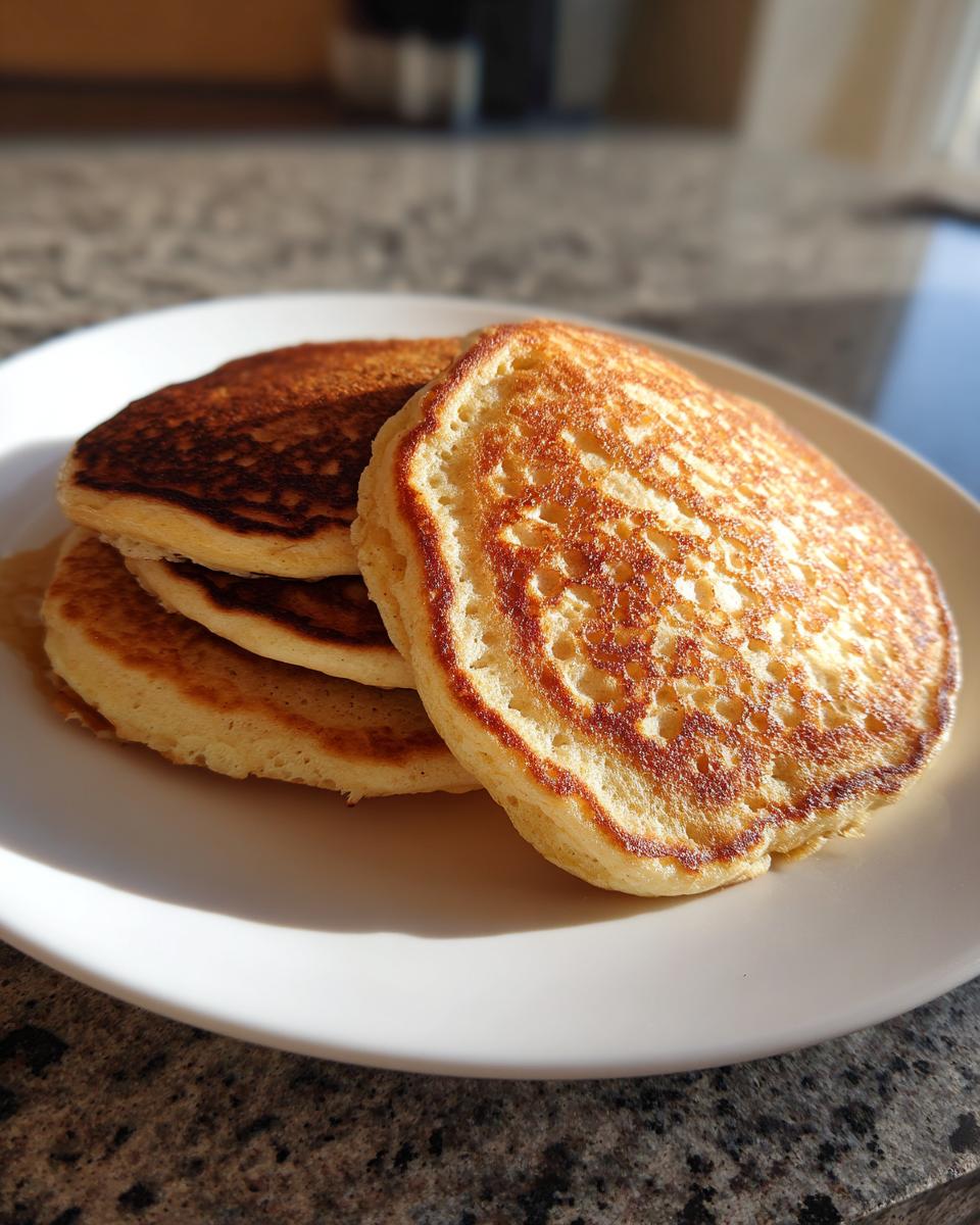 A close-up stack of three fluffy oatmeal pancakes with golden-brown edges on a white plate.