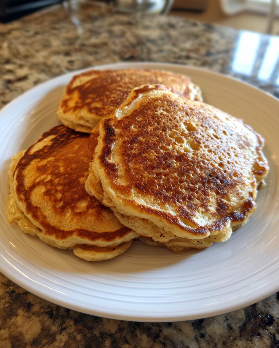 Close-up of a stack of three golden brown oatmeal pancakes on a white plate.