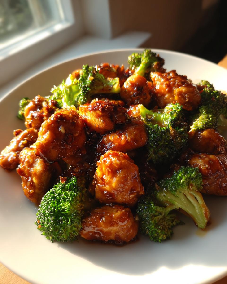 Close-up of saucy chicken and bright green broccoli florets, a perfect one-pan chicken and broccoli dish.