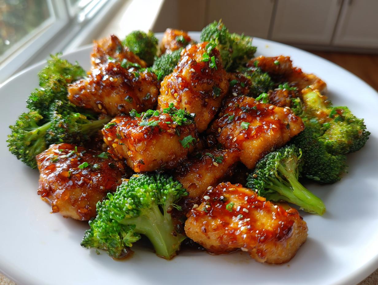 Close-up of glazed chicken and broccoli pieces served on a white plate, featuring the delicious chicken and broccoli recipe.