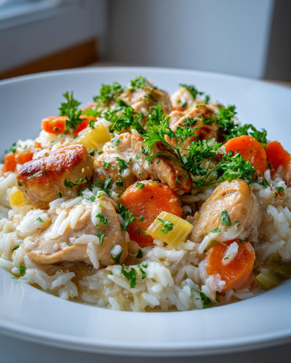 Close-up of a white bowl filled with one pot chicken and rice, topped with seared chicken pieces, carrots, and fresh parsley.