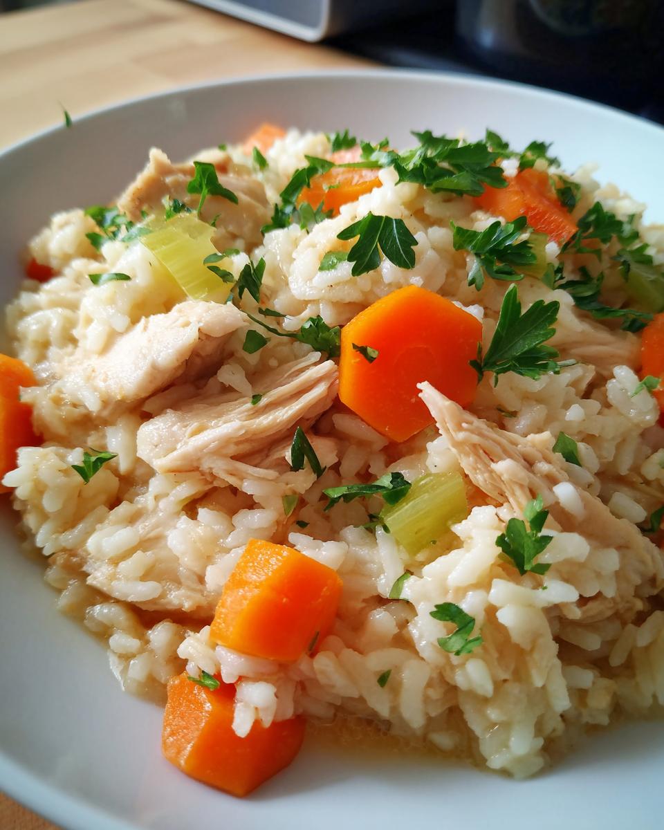 Close-up of a bowl filled with moist one pot chicken and rice, featuring shredded chicken, diced carrots, celery, and parsley garnish.