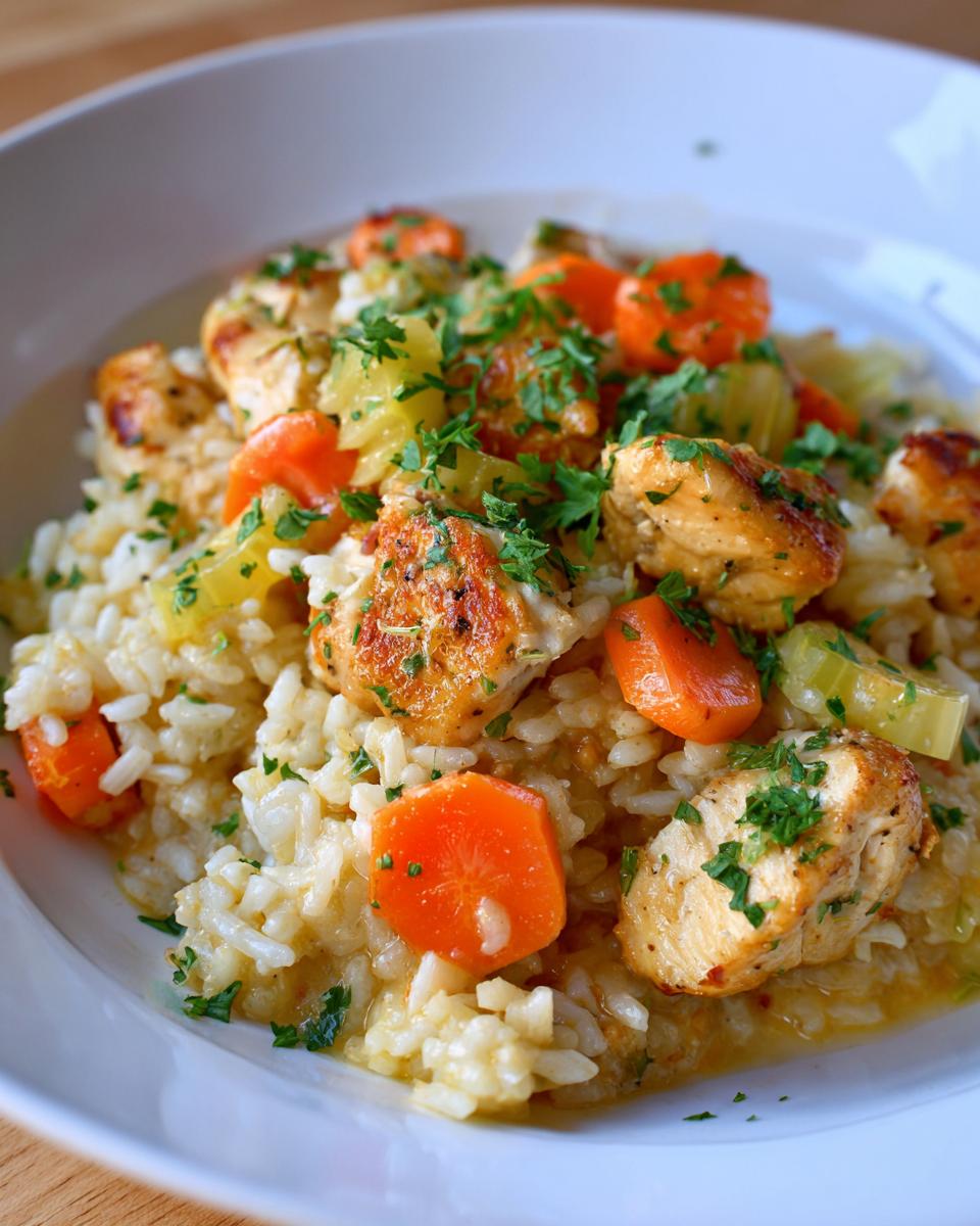 Close-up of a bowl of creamy one pot chicken and rice mixed with bright orange carrots and topped with fresh parsley.