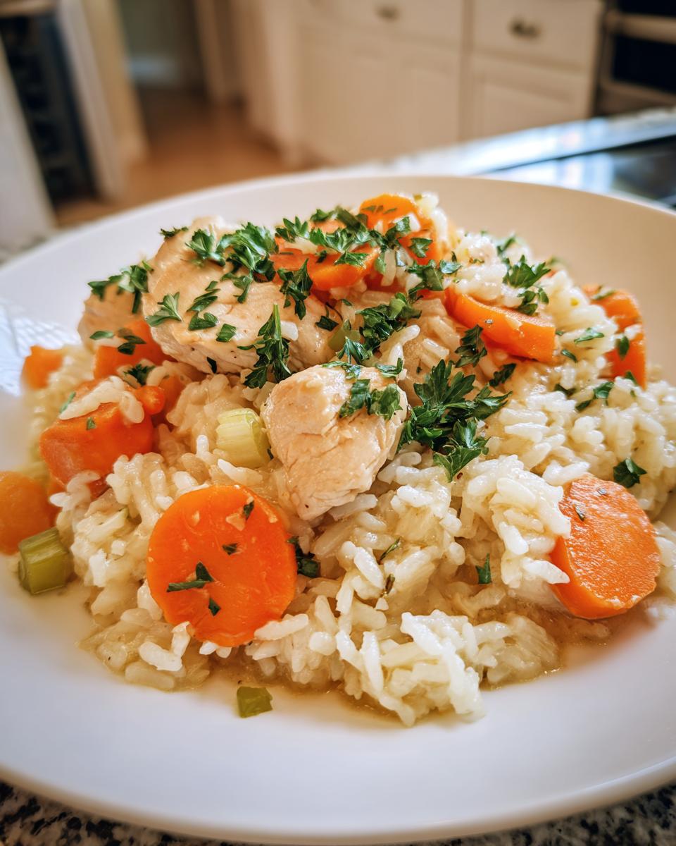 Close-up of a white bowl filled with moist one pot chicken and rice, topped with sliced carrots and fresh parsley.