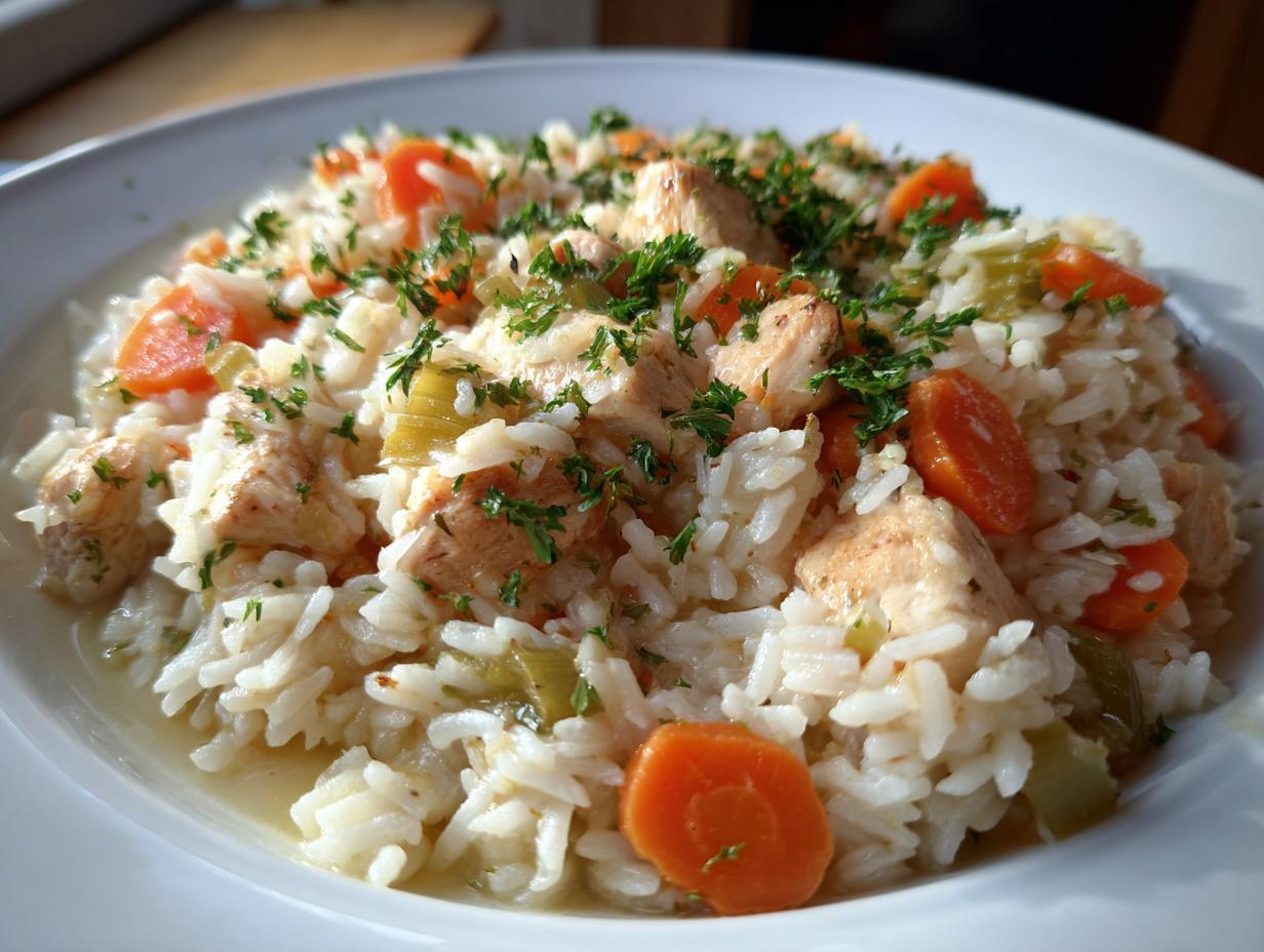 A close-up of a bowl of one pot chicken and rice mixed with sliced carrots and topped with fresh parsley.