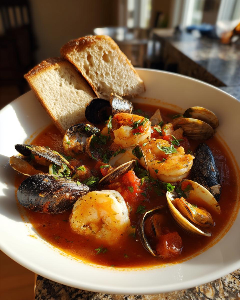 A white bowl filled with rich tomato-based seafood soup featuring shrimp, scallops, mussels, and clams, served with crusty bread.