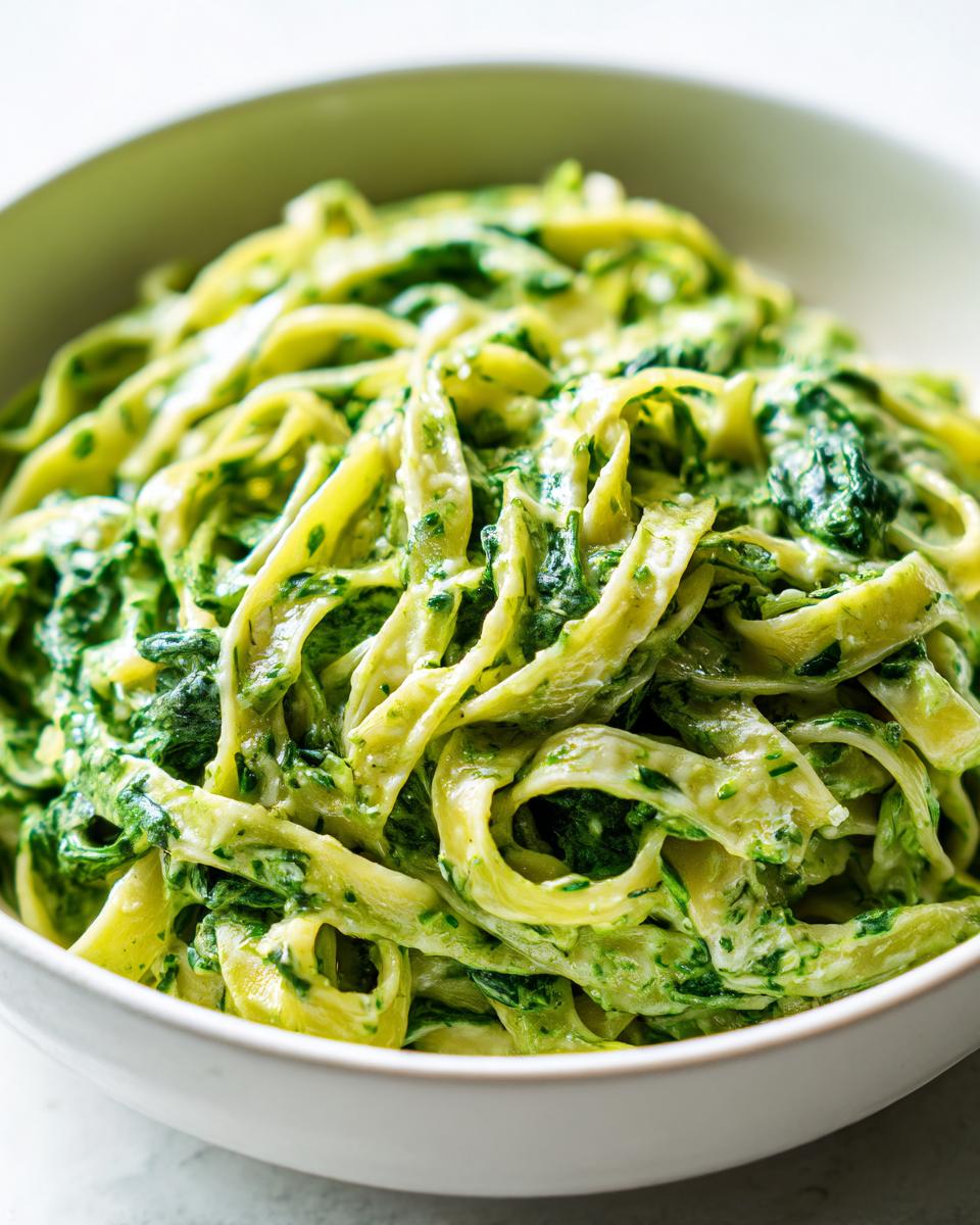 Close-up of creamy spinach pasta tossed with fettuccine noodles in a white bowl.