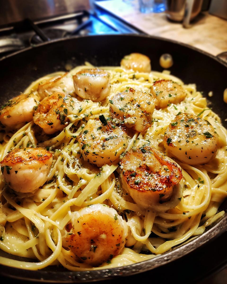 Close-up of pan-seared scallops served over fettuccine in a creamy sauce, a perfect seafood pasta.