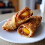 Two halves of a crispy, golden-brown peach cobbler egg rolls showing the warm, gooey peach filling inside.