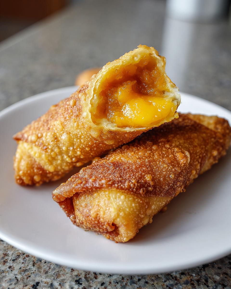 Close-up of crispy fried peach cobbler egg rolls, one cut open showing the warm, gooey peach filling.