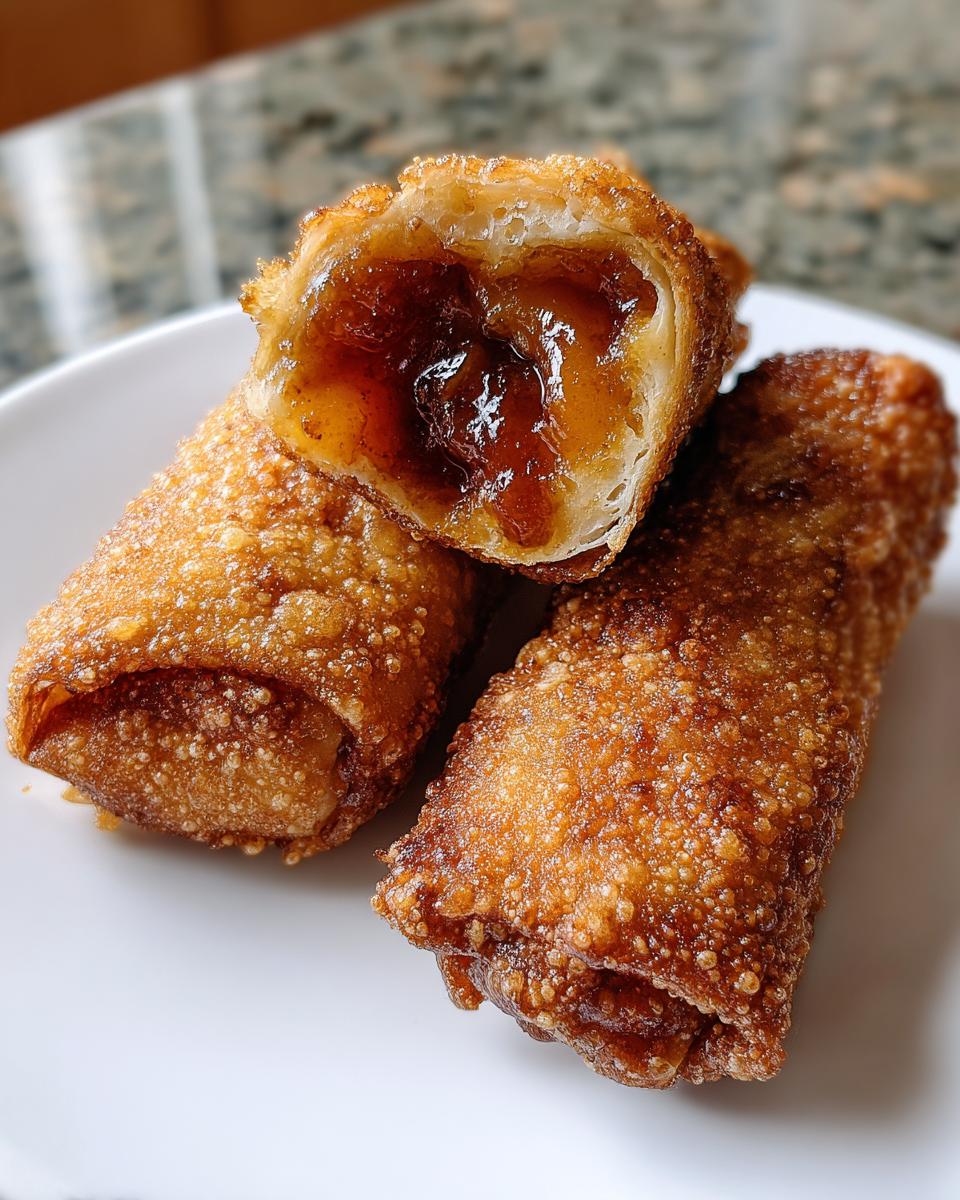 Close-up of golden brown, crispy peach cobbler egg rolls, one cut open showing gooey peach filling.