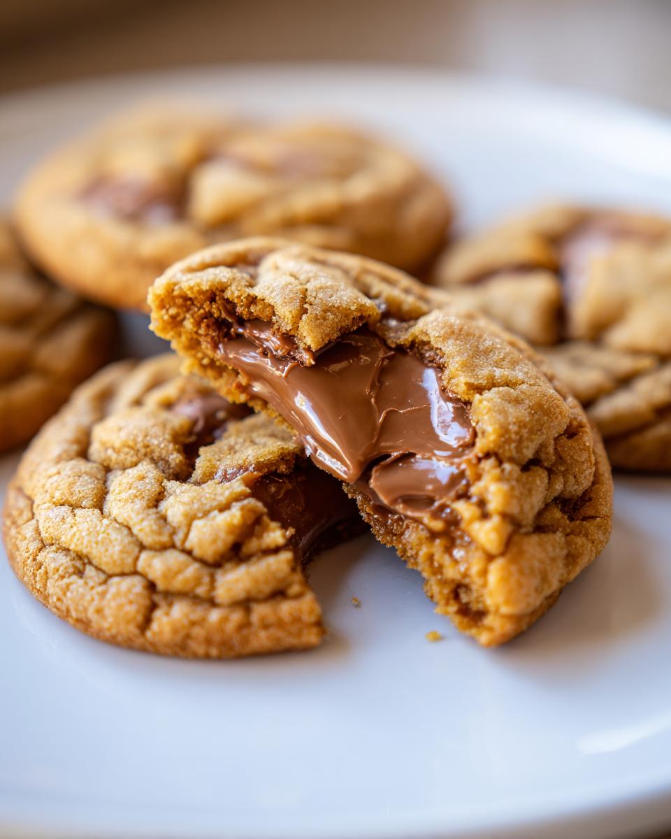 Close-up of peanut butter cup cookies broken in half revealing a melted chocolate center.