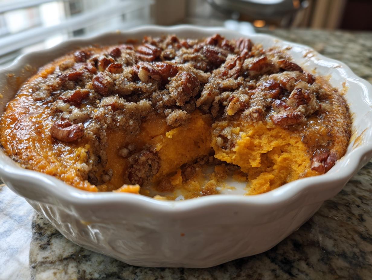A close-up of a rich, orange sweet potato souffle in a white baking dish, topped with brown sugar and pecans.