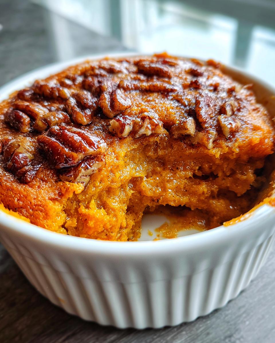 Close-up of a single-serving sweet potato souffle topped with glazed pecans, with a spoonful removed.