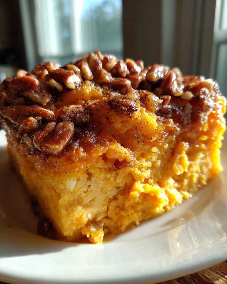 A close-up, sunlit slice of bright orange sweet potato souffle topped with glazed pecans and cinnamon.