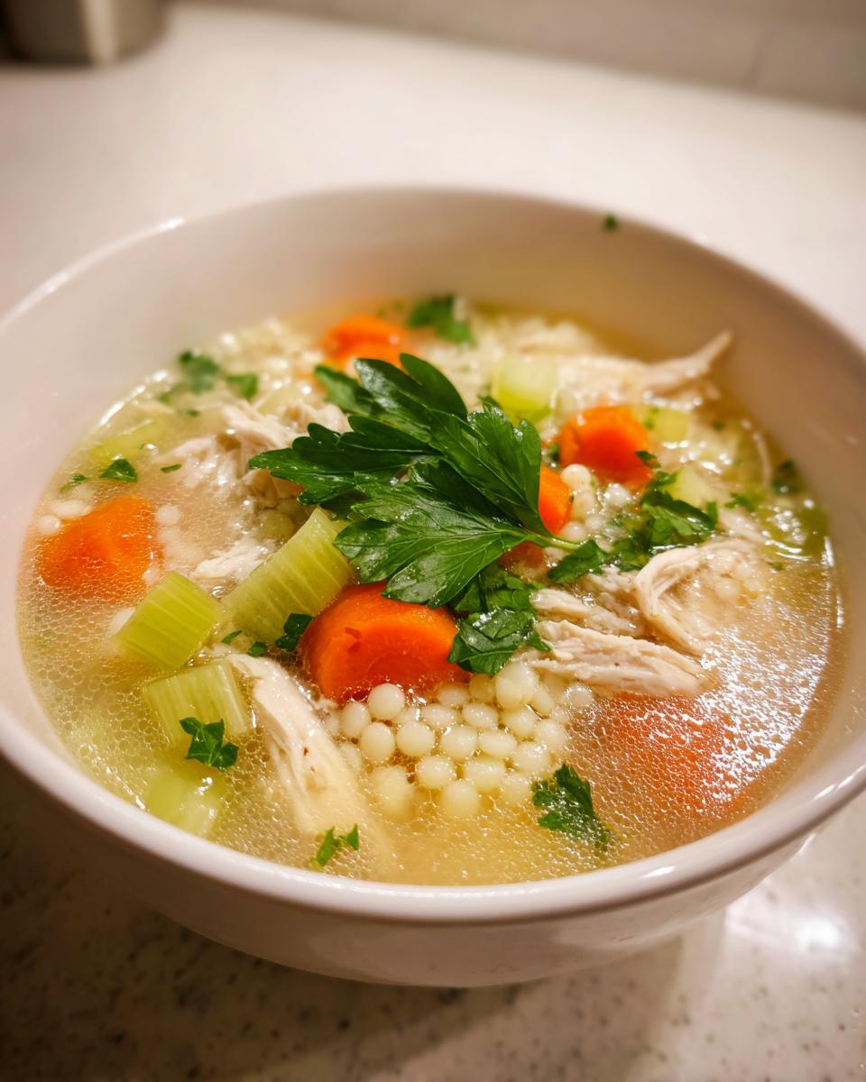 A close-up of a white bowl filled with hot penicillin soup, featuring shredded chicken, Israeli couscous, carrots, celery, and fresh parsley garnish.
