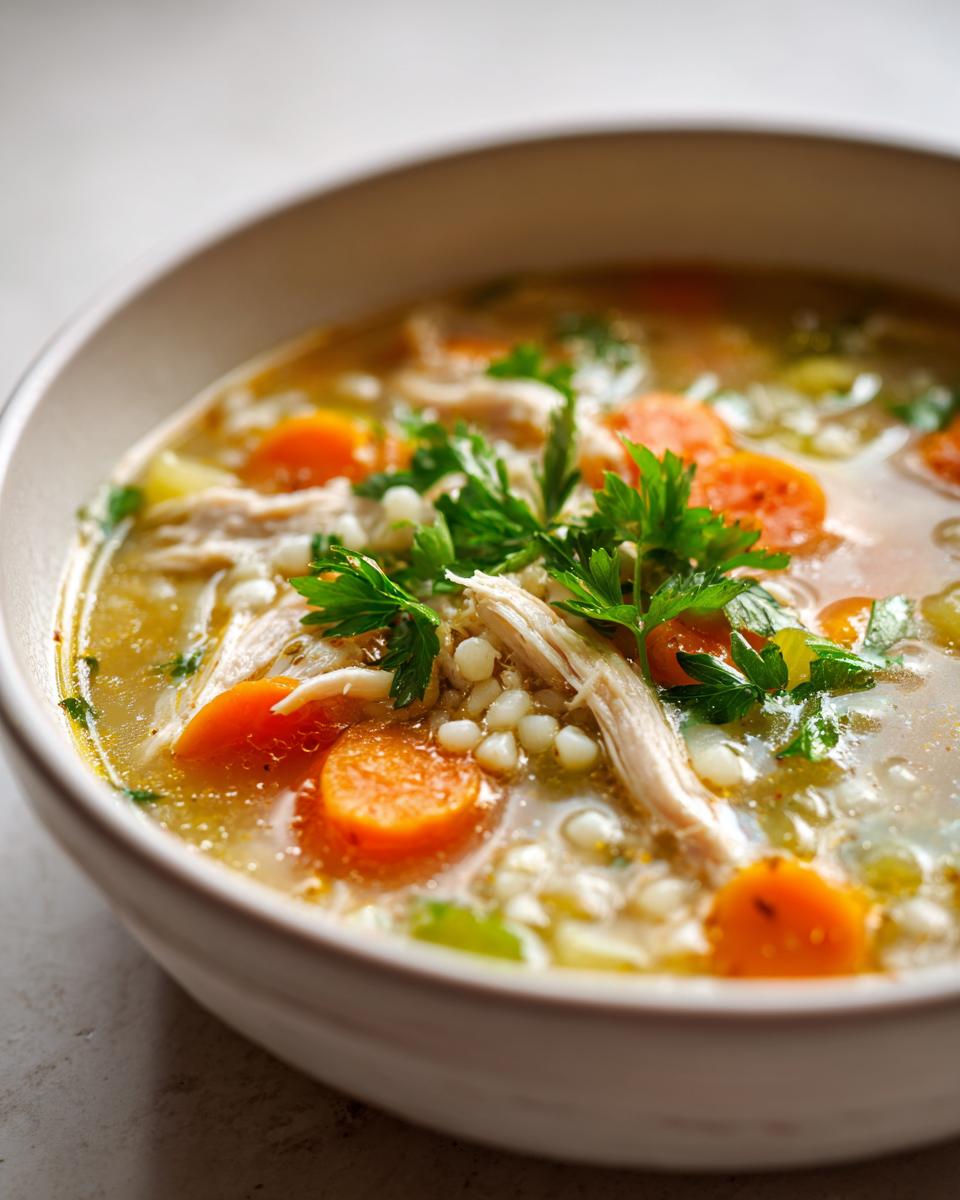 Close-up of a warm bowl of penicillin soup featuring shredded chicken, sliced carrots, pasta pearls, and fresh parsley garnish.