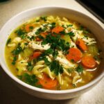 Close-up of a steaming bowl of penicillin soup featuring shredded chicken, sliced carrots, egg noodles, and fresh parsley garnish.