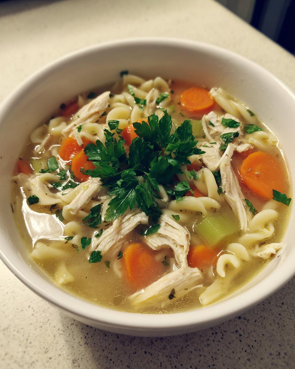 Close-up of a white bowl filled with homemade penicillin soup, featuring shredded chicken, carrots, noodles, and parsley garnish.
