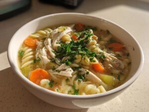A close-up of a white bowl filled with steaming penicillin soup, featuring shredded chicken, rotini pasta, carrots, and fresh parsley.