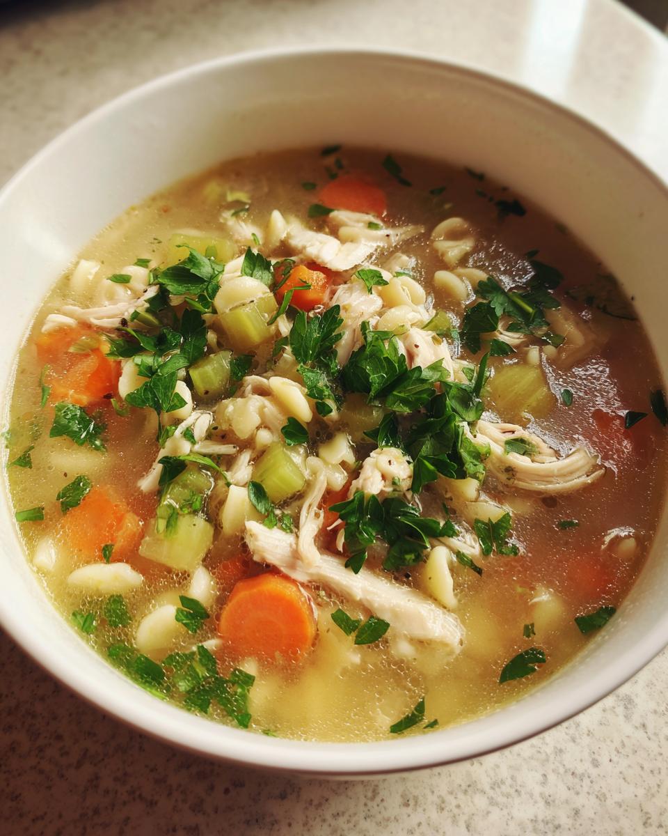 Close-up of a hot bowl of penicillin soup featuring shredded chicken, carrots, celery, pasta, and fresh parsley.