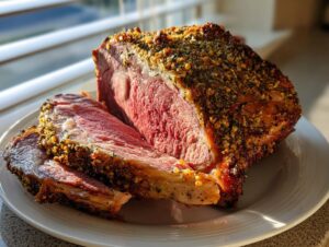 A beautifully cooked prime rib roast, sliced to show a perfect medium-rare center and herb crust.